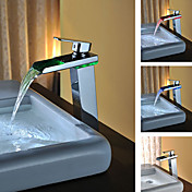 Contemporary Solid Brass Single Handle LED Waterfall Bathroom Sink Faucet(Chrome Finish)Tall