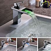 Contemporary Solid Brass Single Handle LED Waterfall Bathroom Sink Faucet Chrome Finish