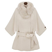 Women's Rabbit Fur Detachable Collar Belted Hooded Cape