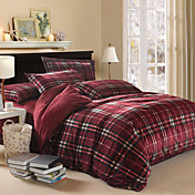 4-Piece Modern Red Plaid Velvet Full Duvet Cover Set