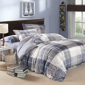 4-Piece Modern Grey Plaid Velvet Full Duvet Cover Set