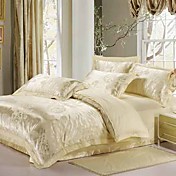 4-Piece Beige Rose Jacquard Cotton Duvet Cover Set