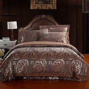 4-Piece Coffee Floral Jacquard Cotton Duvet Cover Set