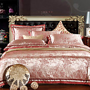 4-Piece Pink Floral Jacquard Polyester Full Duvet Cover Set
