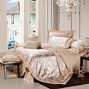 4-Piece Grace Beige Jacquard Cotton Duvet Cover Set