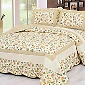 3-Piece Beige Floral Washed Cotton Quilt Set