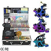  3 Cast Iron Guns Tattoo Kit with LCD Power and 55 Color Ink
