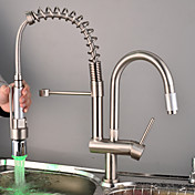 Brushed Finish Single Handle Double Head Brass LED Spring Kitchen Faucet