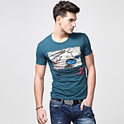 U-SHARK Light Blue Key Print Round Collar Short Sleeve T Shirt