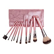 10PCS Pink Handle Cosmetic Brush Set With Free Pink Leather Pouch