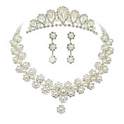 Sweet Silver Pearl Metal Tiara Earrings Necklace Wedding Set