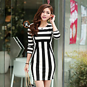 Women's Black-White Stripes Crop Sleeve Midi Dresses