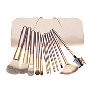 12PCS Coffee Handle Cosmetic Brush Set With Off-white Leather Pouch