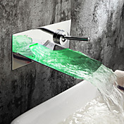 Chrome Finish Color Changing LED Waterfall Wall Mount Bathroom Sink Faucet