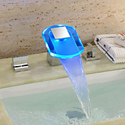 Two Handles Chrome Finish LED Hydroelectric Waterfall Sink Faucet