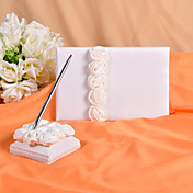 Wedding Guest Book and Pen Set With  Decorative White Silk Roses