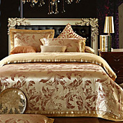 4-Piece European Style Havana 100% Cotton Gold and Red Jacquard Floral Duvet Cover Set