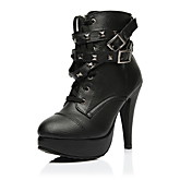 Tasteful Leather High Heel Ankle Boots with Buckle and Rivet Party Shoes