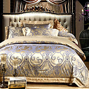 4-Piece European Style Esprit 100% Cotton Gold and Blue Jacquard Floral Duvet Cover Set