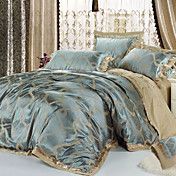 4-Piece European Style Havana 100% Cotton Grey and Blue Jacquard Floral Duvet Cover Set