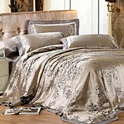 4-Piece Modern Style Mizone Silk Gold Jacquard Floral Duvet Cover Set
