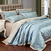 4-Piece Modern Style Bella Silk and Cotton Green Jacquard Floral Duvet Cover Set