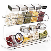 2 Tier Glassware Cruet Set Rack(5pcs 120ML Square Transparent Salt Shakers, 4pcs 200ML Round Jar, 1pc Rack)