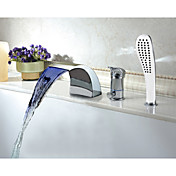 Modern Multi-color LED Widespread Waterfall Tubfaucet with Hand Shower