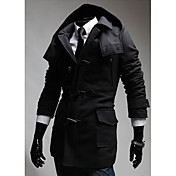 LANGDENG Men's Black Oxhorn Buckle Hoodie Woolen Jacket