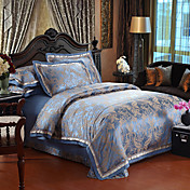 4-Piece 350TC Blue and Gold Jacquard Floral Duvet Cover Set