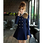 Nianman Women's Elegant Fur Collar Big Size Tweed Coat(Navy Blue)