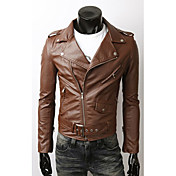 Wmnz Men's Zipper Lapel Neck Short Leather Brown Coat Incl Belt