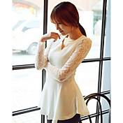 Women's V Neck Lace Sleeve Ruffle Hem Blouse