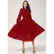 Shozilan Women'S Long Sleeve Red High Waist Chiffon Dress