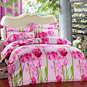 Duvet Cover Set, 4-Piece Oil Print Pink Flowers Pattern Full Size