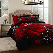 4-Piece 100% Cotton 3D Oil Print Floral Full Duvet Cover Set