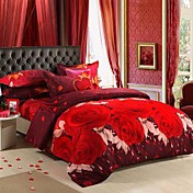 4-Piece Burshed Fabric Red Flower Printed 3D Effect Duvet Cover Set