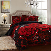 Duvet Cover Set, 4-Piece Brushed 3D Printed Red Rose Full Size 