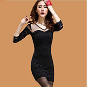 CoolCube Women's V neck Floral Pattern Lace Long Sleeve Bodycon Dress Black