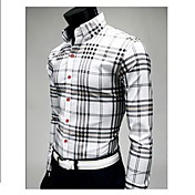 Uyuk Men's White Korean Style Stand Collar Long Sleeve Check Pattern Business Cotton Shirt