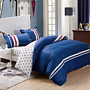 Duvet Cover Set, 4-Piece Cotton Modern Style Stripe Stars
