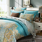 Duvet Cover Set,4-Piece Reactive Print Silky European Style Retro Botanical Floral