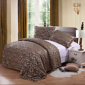 Duvet Cover Set,3-Piece Polyester Traditional Style Jacquard Floral Coffee