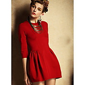 Mifeier Women's Round Neck Solid Color 3/4 Sleeve Dress