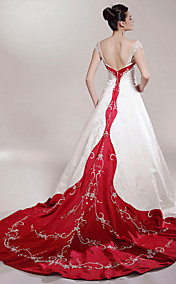A-line Off-the-shoulder Chapel Train Satin Luxury Wedding Dress