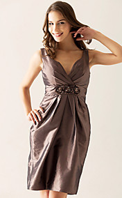 Sheath/ Column V-neck Knee-Length Taffeta Bridesmaid/ Wedding Party Dress With Beading