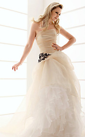 A-line Strapless Floor-length Organza Ruffles Wedding Dress