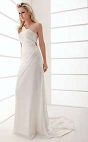 Sheath/Column One Shoulder Sweep/Brush Train Chiffon Wedding Dress 