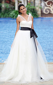 Ball Gown V-neck Floor-length Organza Satin Wedding Dress