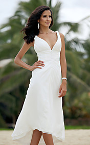 A-line V-neck Asymmetrical Tea-length Chiffon Wedding Dress 